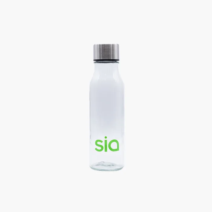 Bouteille en verre personnalisée en tampographie pour The Sia Foundation, verre / acier inoxydable