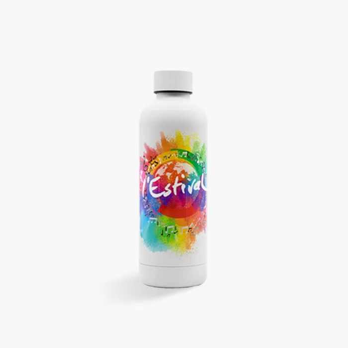 Gourde isotherme personnalisée en impression numérique 360° pour L'Estival, acier inoxydable recyclé