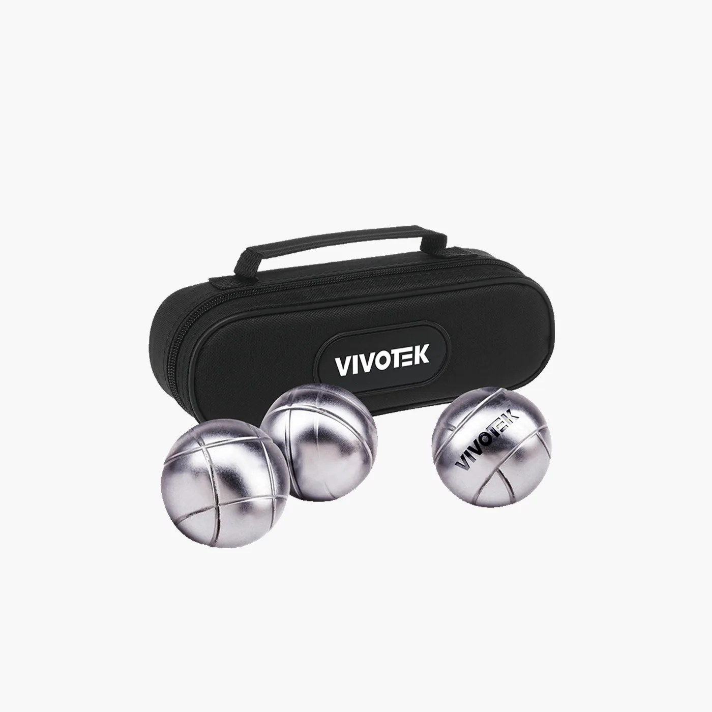 Jeu de pétanque personnalisé en tampographie pour Vivotek, nylon 600d & acier inoxydable